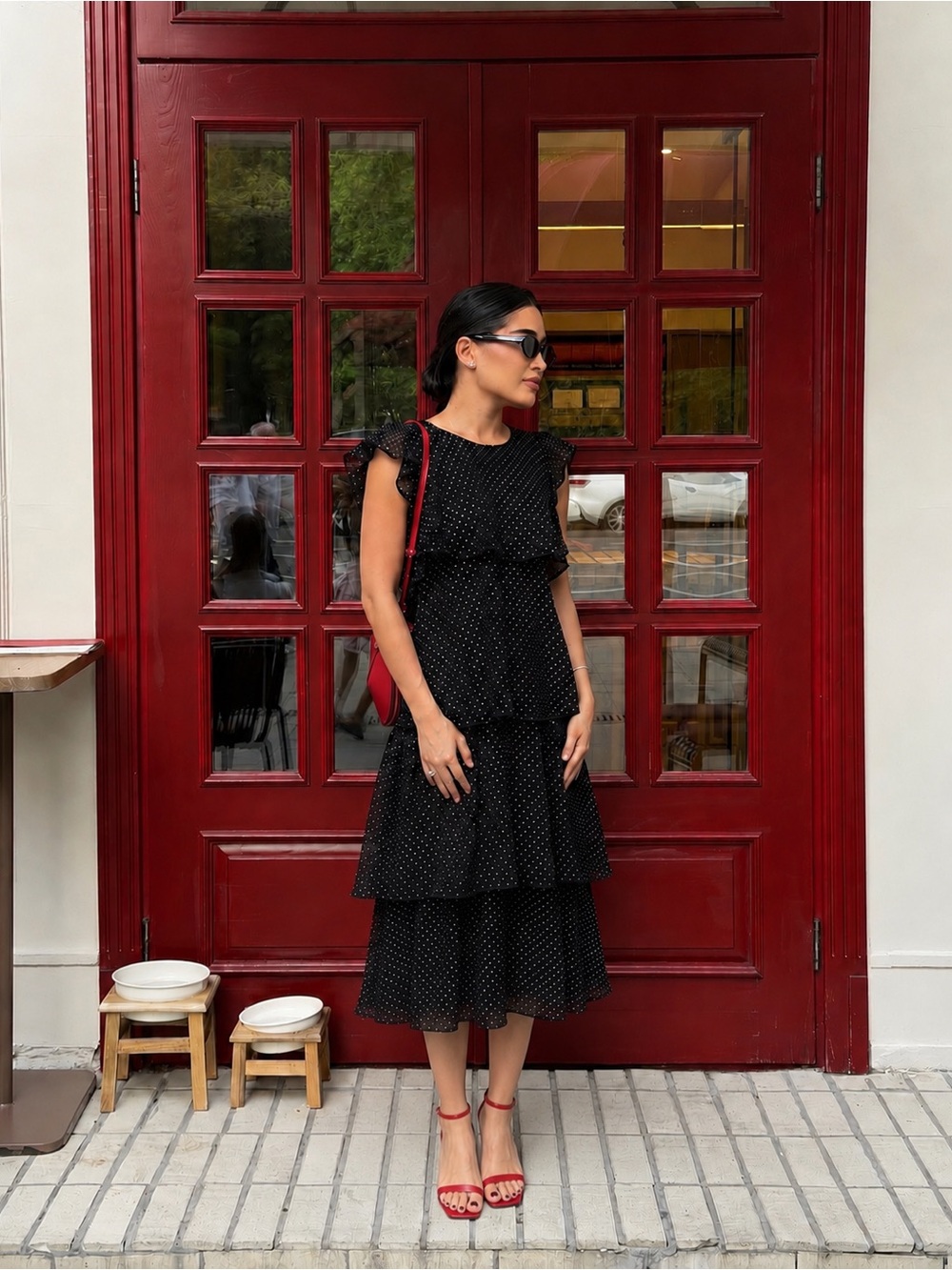 Who What Wear Black White Polka Dot Tiered Chiffon Midi Dress Ruffle Sleeve S - Picture 7 of 10